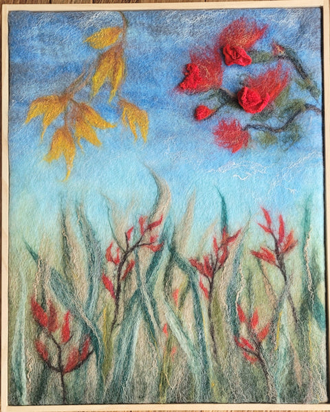New Zealand Floral Wool Painting – Kōwhai & Pōhutukawa Wall Art, Textured Merino Wool & Silk Artwork, Nature Inspired Fiber Art