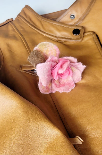 Vintage Rose Brooch – Merino Wool & Silk Flower Pin • Soft Pink Art Brooch