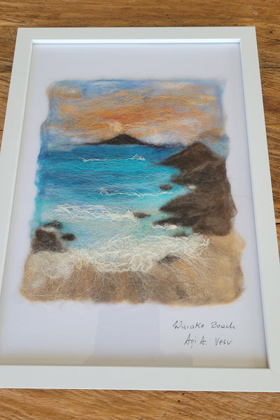 Wool & Silk Painting – Waiake Beach Framed Handmade Wall Art Decor