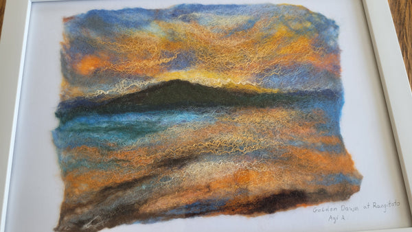 Wool Silk Painting – Ocean Golden Dawn Framed Handmade Wall Art Decor