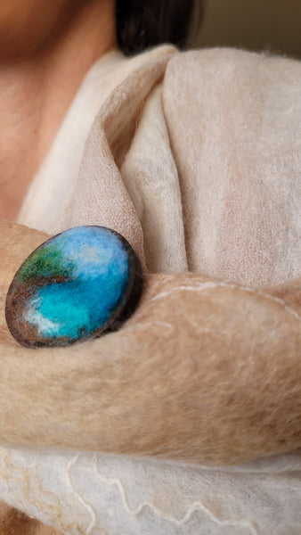 Ocean Landscape in Miniature Needle Felted Brooch – Merino Wool on Wooden Base.