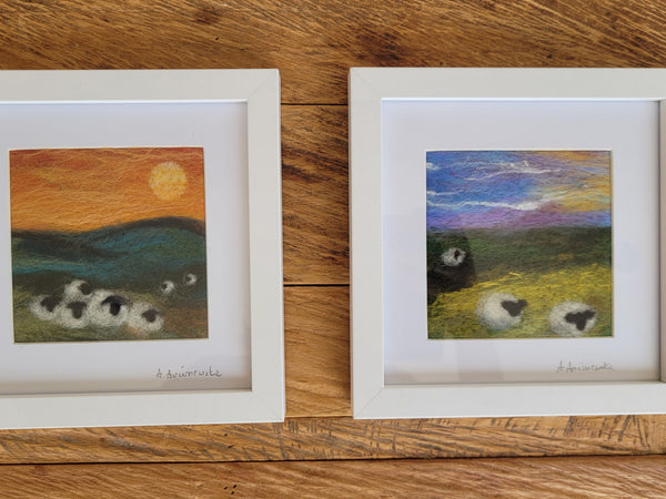 Needle-Felted Mini Landscape – Sheep in Fresh Meadow (Framed Art)