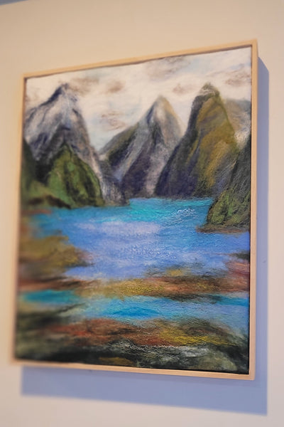 Milford Sound – Wool & Silk Fibre Art | Handmade New Zealand Landscape on Silk Canvas| size 51 x 41 cm!