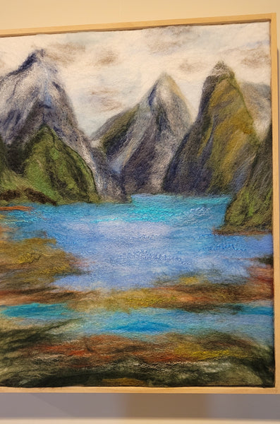 Milford Sound – Wool & Silk Fibre Art | Handmade New Zealand Landscape on Silk Canvas| size 51 x 41 cm!