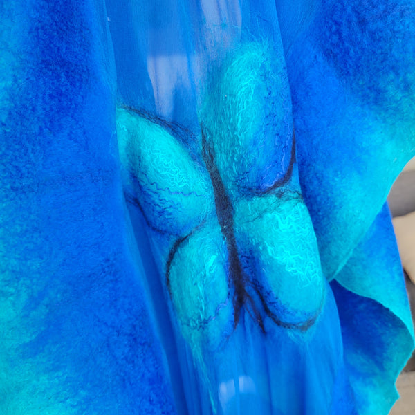 Sapphire Butterfly Scarf – Merino Wool Shawl on Natural Silk Chiffon
