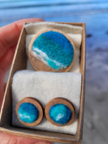 Ocean Landscape in Miniature – Needle Felted Earrings & Brooch. Merino wool on Wooden Base