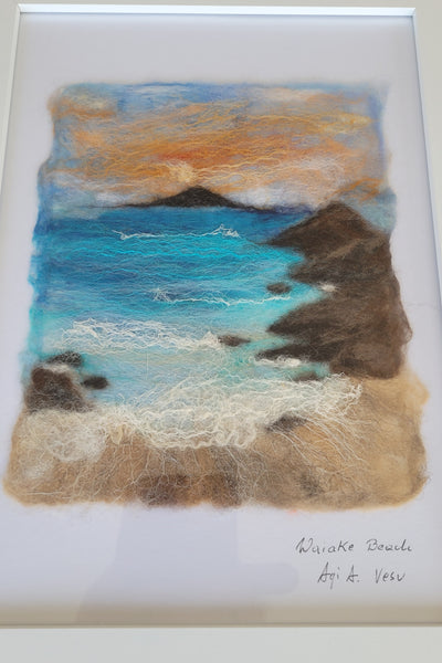 Wool & Silk Painting – Waiake Beach Framed Handmade Wall Art Decor