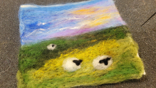 Needle-Felted Mini Landscape – Sheep in Fresh Meadow (Framed Art)