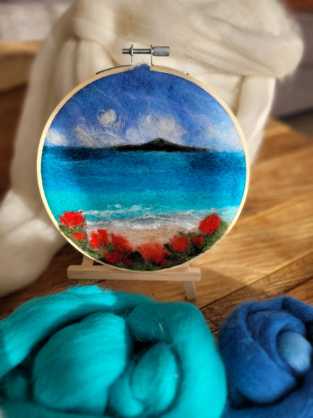 Wool Painting - Needle Felting, Rangitoto and Pohutukawa Bloom Landscape Collection