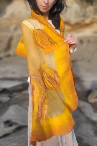 Golden Mustard Shawl – Silk & Merino Wool Wrap, Honey Gold Evening Shawl, Artistic Scarf for Autumn, Spring & Summer