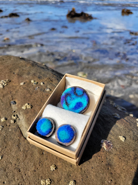 Jewelery Set Inspired by Sea – Needle Felted Earrings & Brooch. Merino wool on Wooden Base