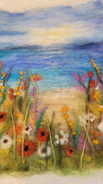 Wool Painting Meadow by the Ocean – Handmade Textile Wall Art with Wildflowers, Coastal Landscape, Framed Fibre Artwork