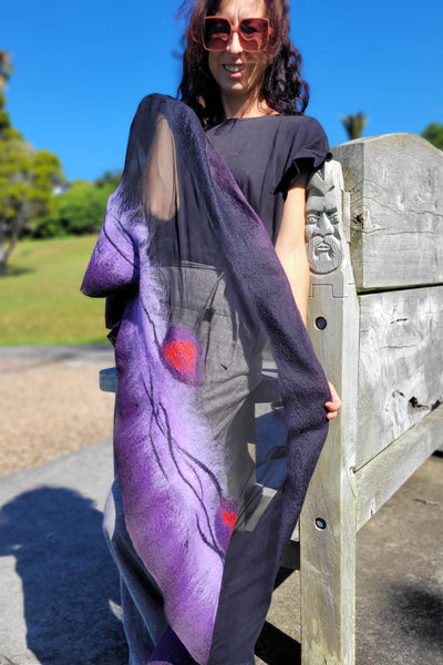 Nuno Felted Scarf - Elegant Purple Merino Wool Shawl | Handmade Silk Wrap