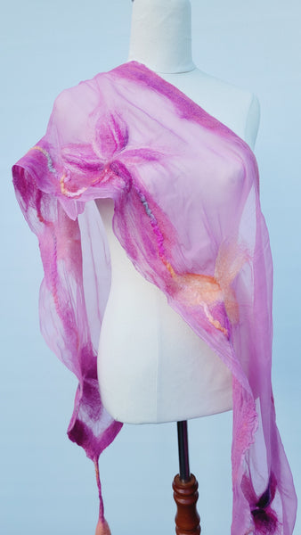 Lightweight Floral Silk Scarf • Merino Wool & Calla Lily Details • Summer Artistic Wrap