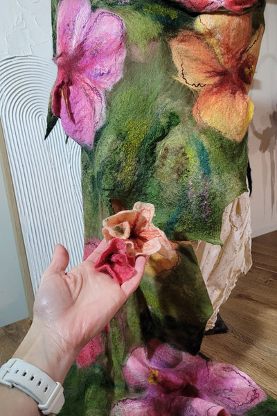 Hibiscus Garden – Merino Wool & Silk Shawl | Handmade Nuno Felted Wrap