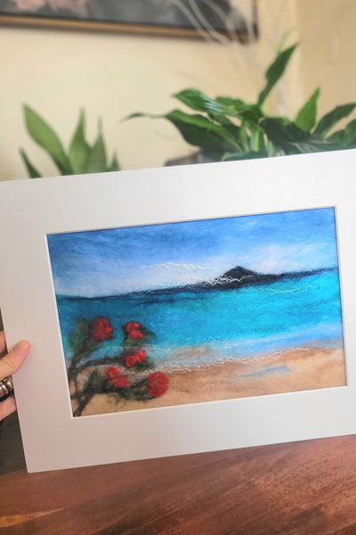 Wool & Silk Painting – Rangitoto Island with Pohutukawa Tree, Nuno Felted Landscape, Framed Textile Art