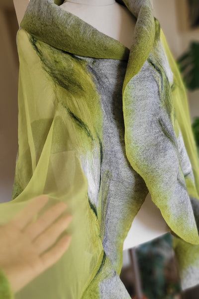 Pistachio Green Silk Shawl – Artistic Merino Wool Wrap on Pure Chiffon Silk, Elegant Lightweight Scarf for Spring Outfit