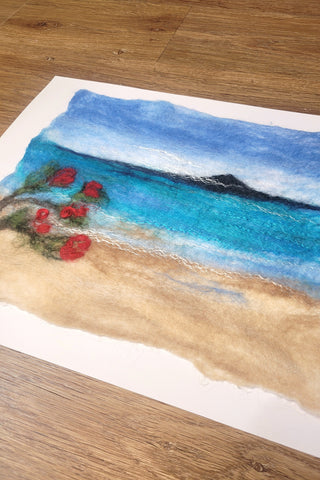 Wool & Silk Painting – Rangitoto Island with Pohutukawa Tree, Nuno Felted Landscape, Framed Textile Art