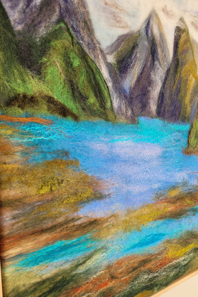 Milford Sound – Wool & Silk Fibre Art | Handmade New Zealand Landscape on Silk Canvas| size 51 x 41 cm!