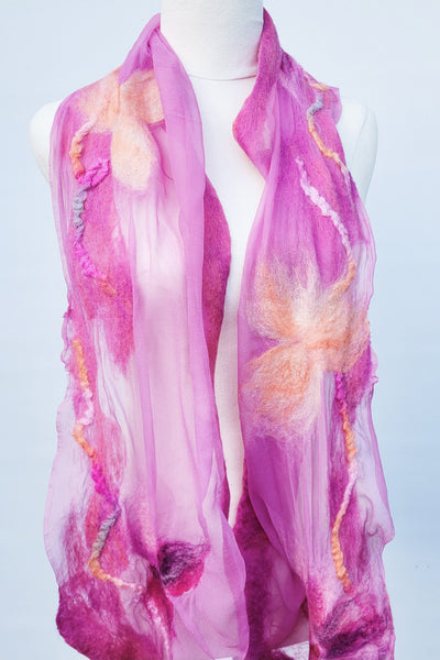 Lightweight Floral Silk Scarf • Merino Wool & Calla Lily Details • Summer Artistic Wrap