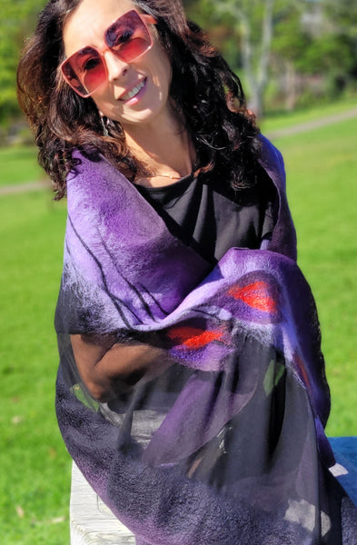 Nuno Felted Scarf - Elegant Purple Merino Wool Shawl | Handmade Silk Wrap