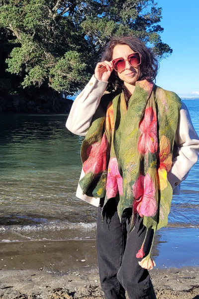 Hibiscus Garden – Merino Wool & Silk Shawl | Handmade Nuno Felted Wrap