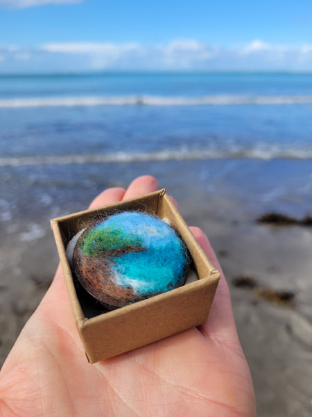 Ocean Landscape in Miniature Needle Felted Brooch – Merino Wool on Wooden Base.