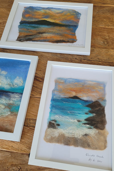 Wool & Silk Painting – Waiake Beach Framed Handmade Wall Art Decor
