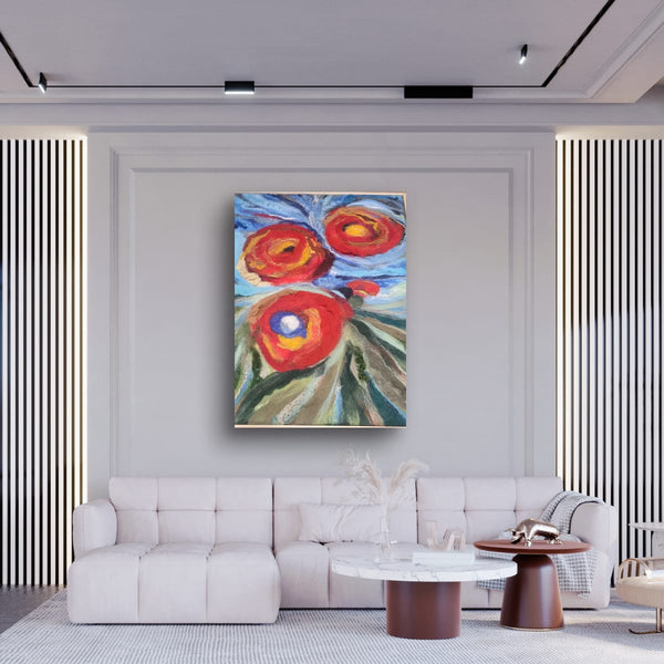 Abstract Floral Wool & Silk Wall Art – Red Bloom Painting, Textured Fiber Statement Piece