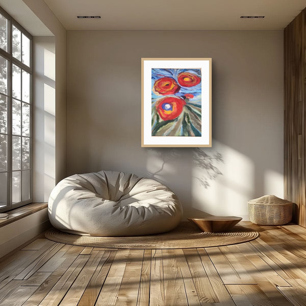 Abstract Floral Wool & Silk Wall Art – Red Bloom Painting, Textured Fiber Statement Piece