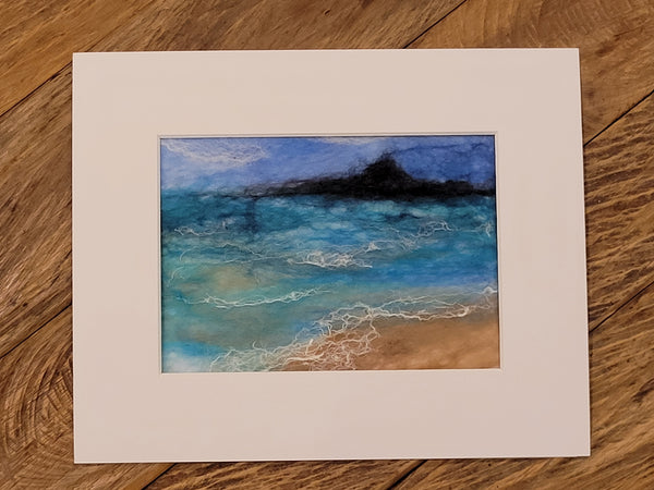 Wool & Silk Painting – Rangitoto Island View, Handmade Textile Art, 10x8 inch Seascape in Mat, NZ Landscape Felted Wall Decor