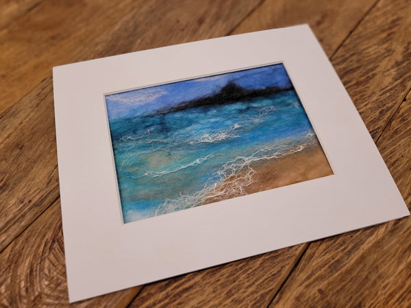 Wool & Silk Painting – Rangitoto Island View, Handmade Textile Art, 10x8 inch Seascape in Mat, NZ Landscape Felted Wall Decor