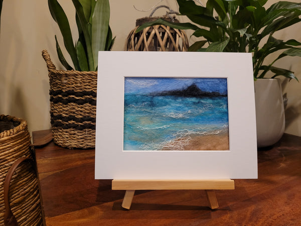 Wool & Silk Painting – Rangitoto Island View, Handmade Textile Art, 10x8 inch Seascape in Mat, NZ Landscape Felted Wall Decor
