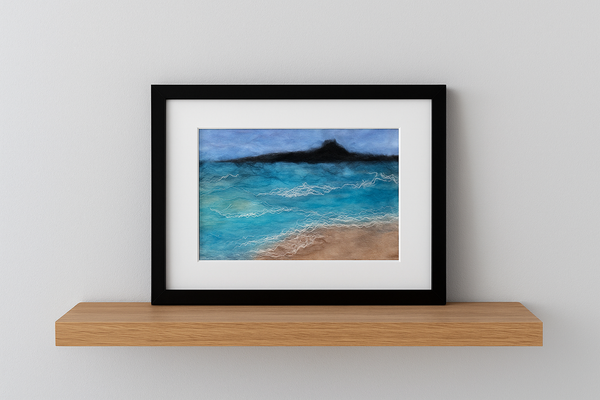 Wool & Silk Painting – Rangitoto Island View, Handmade Textile Art, 10x8 inch Seascape in Mat, NZ Landscape Felted Wall Decor