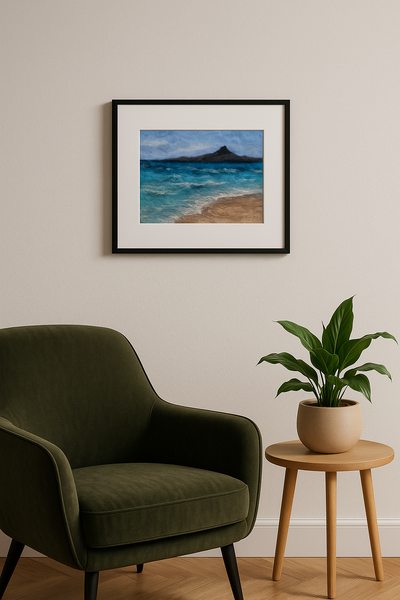 Wool & Silk Painting – Rangitoto Island View, Handmade Textile Art, 10x8 inch Seascape in Mat, NZ Landscape Felted Wall Decor