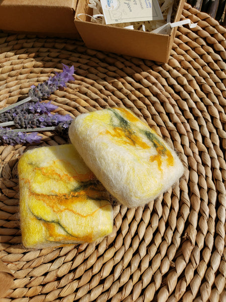 Wool Soap kowhai, covered felted merino wool. Gentle exfoliator skin and body.