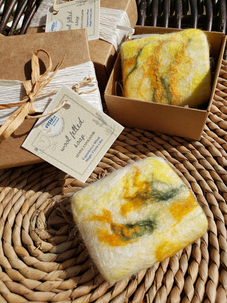 Wool Soap kowhai, covered felted merino wool. Gentle exfoliator skin and body.