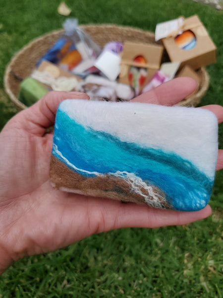 Wool Soap coastal design, covered felted merino wool. Gentle exfoliator skin and body.