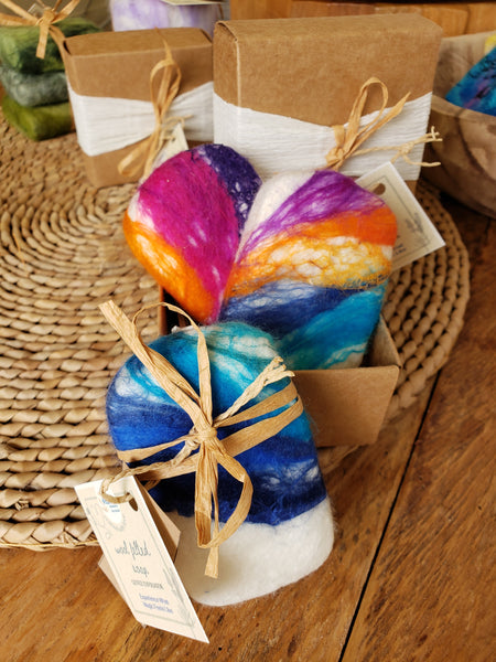 Wool Soap rainbow colour, Goat's Milk Soap covered felted merino wool. Gentle exfoliator skin and body.