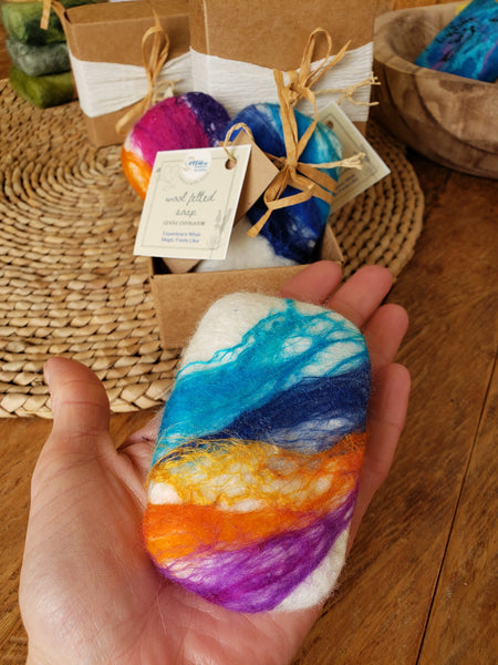 Wool Soap rainbow colour, Goat's Milk Soap covered felted merino wool. Gentle exfoliator skin and body.