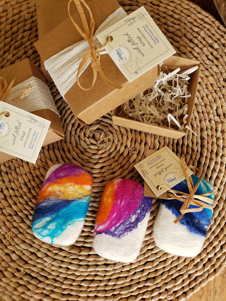 Wool Soap rainbow colour, Goat's Milk Soap covered felted merino wool. Gentle exfoliator skin and body.