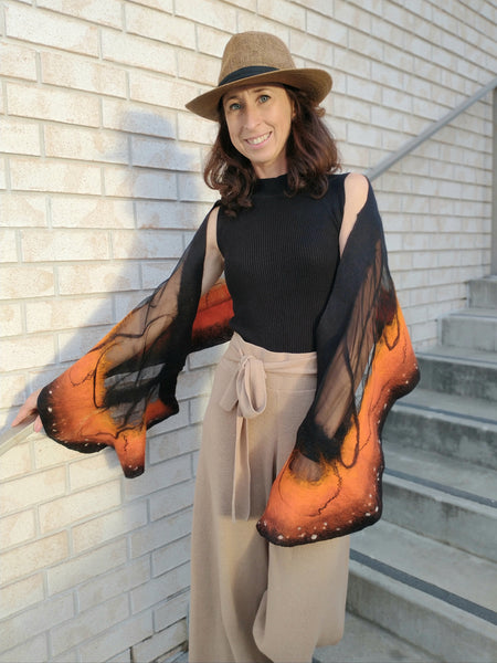 Soft nunofelted scarf Monarch Butterfly inspired by nature, amazing piece in wardrobe. Goes well with beige, black, t-shirt, jacket, dress.