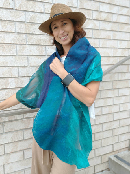Tui bird feather; merino wool & silk scarf, ombre turquoise, neck warmer, incredible mothers gift, nuno felted wearable art, nature in art