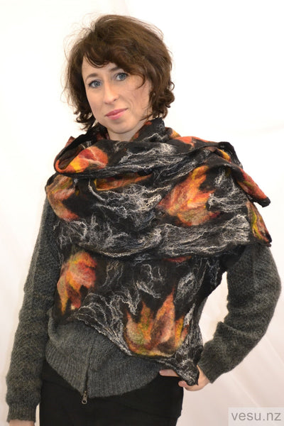 Silk shawl with merino wool black and ginger 4259