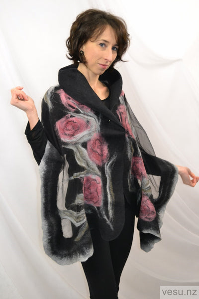 Silk shawl with merino wool pink black and gray 4262