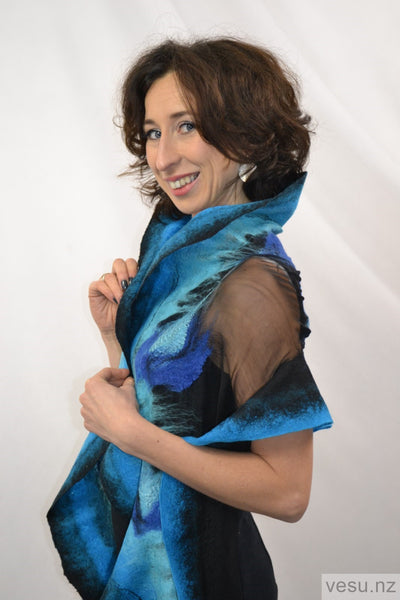 Handmade shawl silk and merino wool turquoise and blue 4279