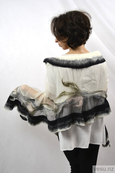 Handmade shawl silk and merino wool white and black 4281
