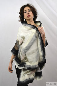 Handmade shawl silk and merino wool white and black 4281