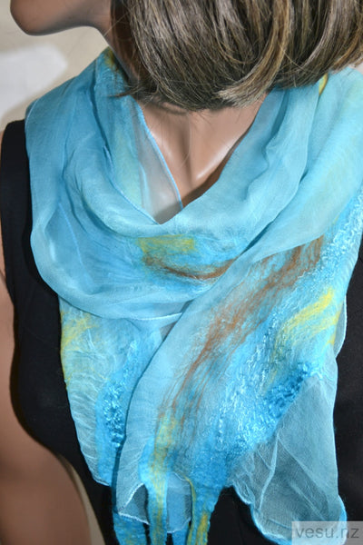 Blue silk scarf merino wool felted