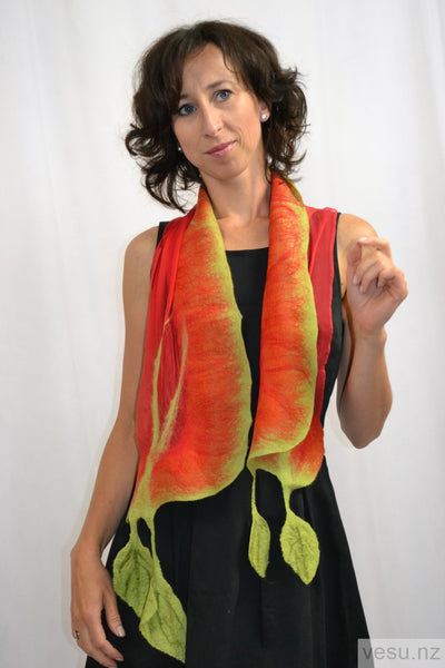 Green orange silk scarf merino wool 4341